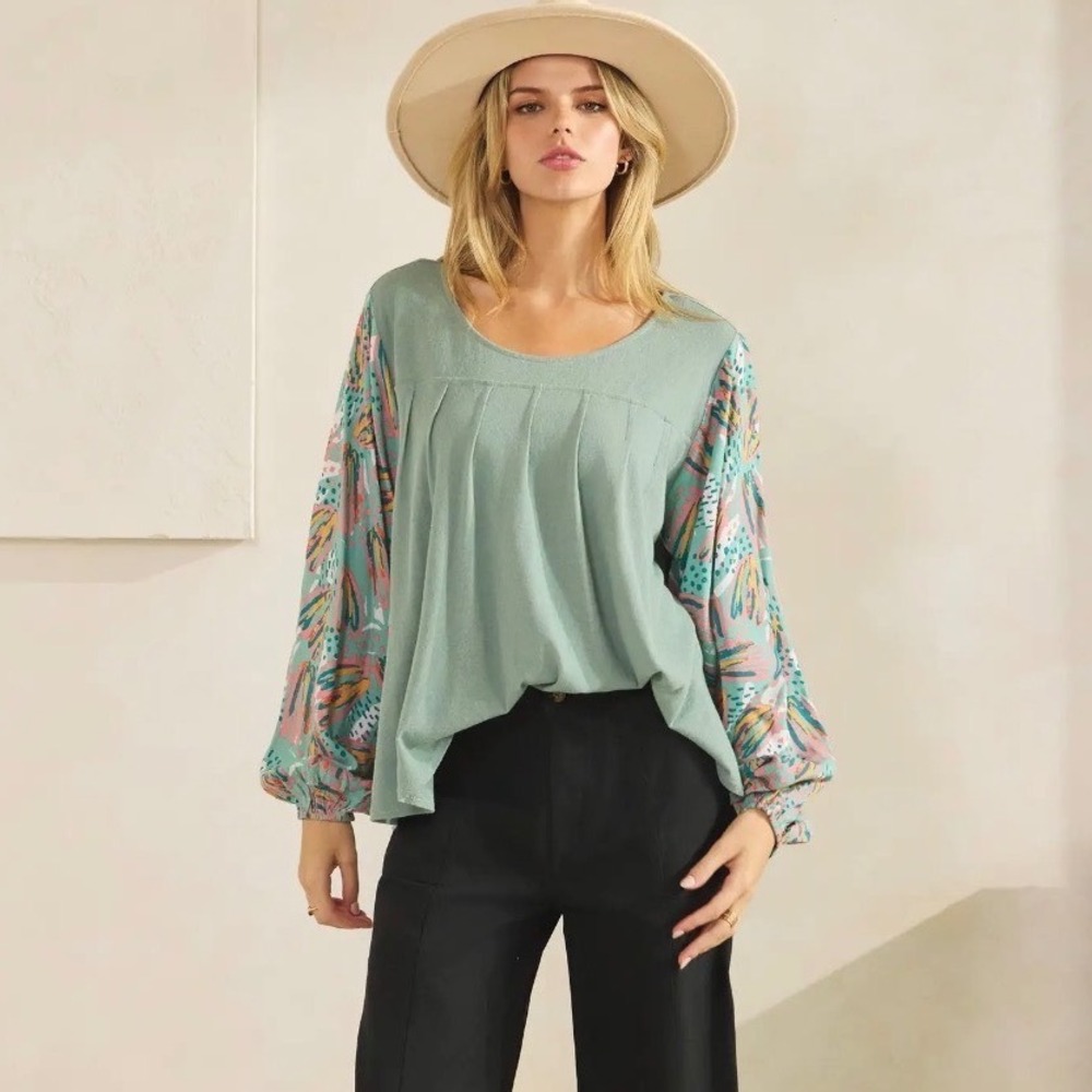 Sage + Fig Floral Contrast Long Sleeve Top Relaxed Fit Sage Green Boho Blouse